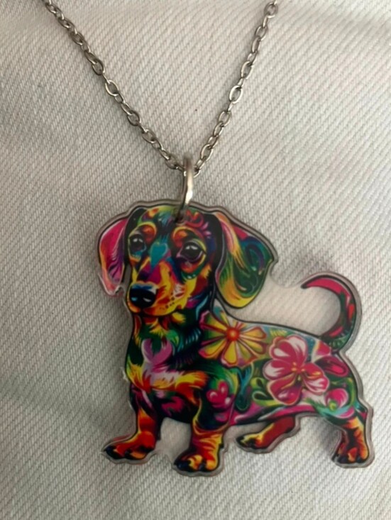 Handmade Jewelry - Multicolor Mosaic Floral Dachshund Pendant Necklace NWOT